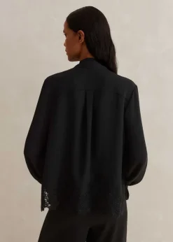 Clearance ME+EM Silk + Lace Cropped Pussybow Blouse Black