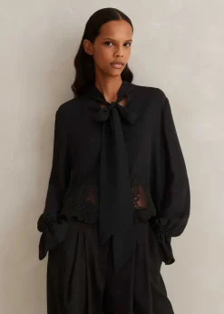 Clearance ME+EM Silk + Lace Cropped Pussybow Blouse Black