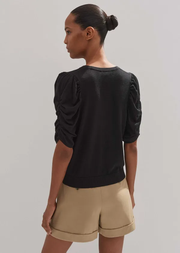 Hot ME+EM Silk Button-Through Pouf Sleeve Knit Top Black