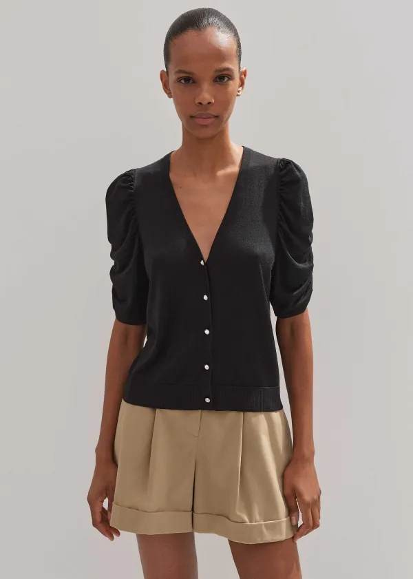 Hot ME+EM Silk Button-Through Pouf Sleeve Knit Top Black