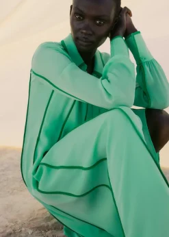 Hot ME+EM Silk Contrast Binding Maxi Shirt Dress + Belt Hot Mint/Spring Green