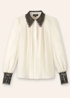Clearance ME+EM Silk Cotton Embroidered Collar Blouse Cream/Black