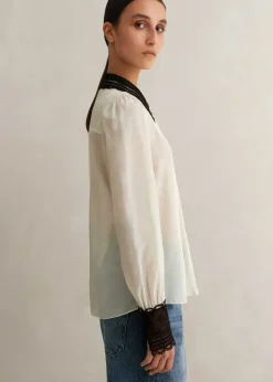 Clearance ME+EM Silk Cotton Embroidered Collar Blouse Cream/Black
