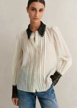 Clearance ME+EM Silk Cotton Embroidered Collar Blouse Cream/Black