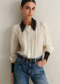 Clearance ME+EM Silk Cotton Embroidered Collar Blouse Cream/Black