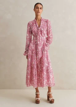 New ME+EM Silk Cotton Flower Print Midi Dress + Belt Pink/Soft White