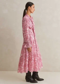 New ME+EM Silk Cotton Flower Print Midi Dress + Belt Pink/Soft White