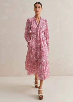 New ME+EM Silk Cotton Flower Print Midi Dress + Belt Pink/Soft White
