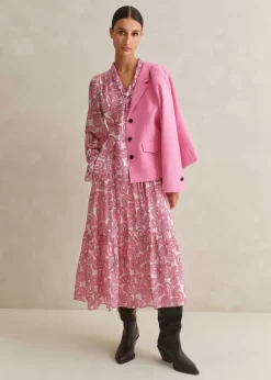 New ME+EM Silk Cotton Flower Print Midi Dress + Belt Pink/Soft White