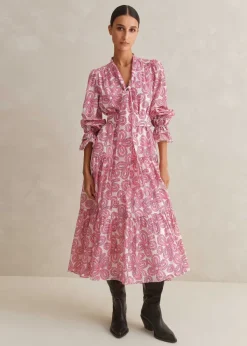 New ME+EM Silk Cotton Flower Print Midi Dress + Belt Pink/Soft White