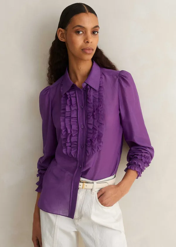 Sale ME+EM Silk Cotton Frill Detail Blouse Summer Purple