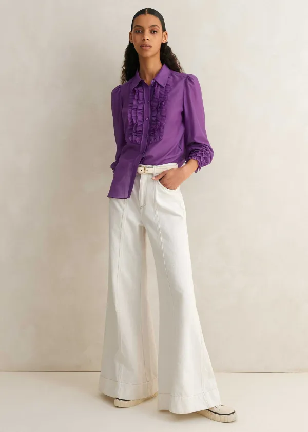 Sale ME+EM Silk Cotton Frill Detail Blouse Summer Purple