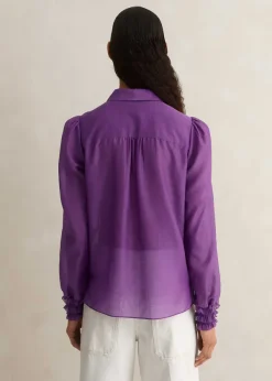 Sale ME+EM Silk Cotton Frill Detail Blouse Summer Purple