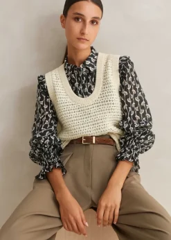 Online ME+EM Silk Cotton Ginko Leaf Print Blouse Cream/Black/Brown
