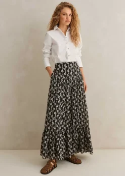 Hot ME+EM Silk Cotton Ginko Leaf Print Skirt + Belt Cream/Black/Brown