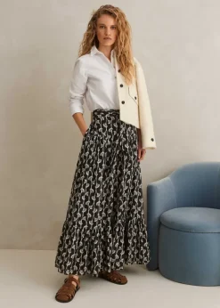 Hot ME+EM Silk Cotton Ginko Leaf Print Skirt + Belt Cream/Black/Brown