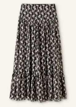 Hot ME+EM Silk Cotton Ginko Leaf Print Skirt + Belt Cream/Black/Brown