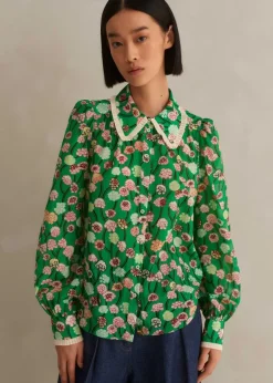 Discount ME+EM Silk Cotton Lantana Flower Print Shirt Green/Pink/Multi