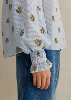 Sale ME+EM Silk Cotton Striped Rose Print Blouse White/Blue-Cinnamon