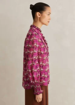 New ME+EM Silk Cotton Waterlily Print Blouse Electric Pink/Black/Pecan