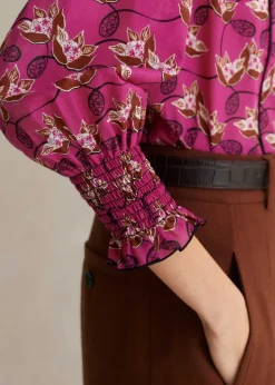 New ME+EM Silk Cotton Waterlily Print Blouse Electric Pink/Black/Pecan