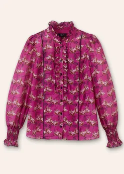 New ME+EM Silk Cotton Waterlily Print Blouse Electric Pink/Black/Pecan