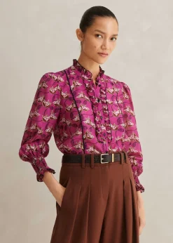 New ME+EM Silk Cotton Waterlily Print Blouse Electric Pink/Black/Pecan