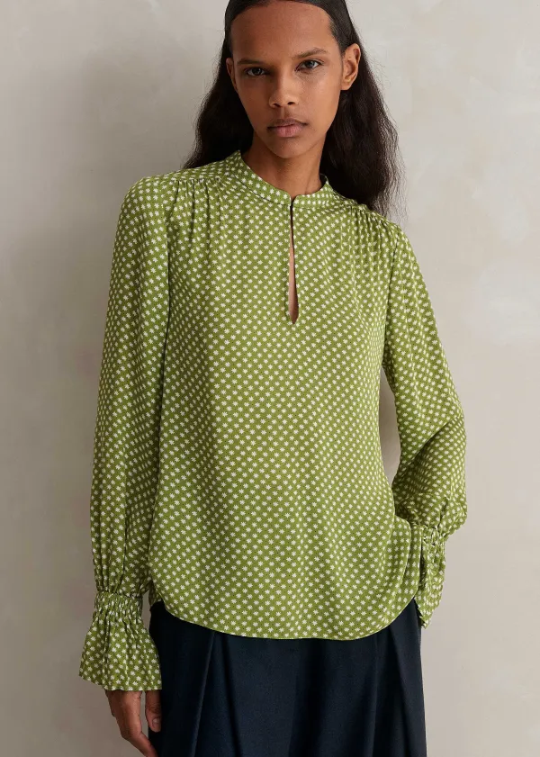 Clearance ME+EM Silk Daisy Flower Print Top + Scarf Black/Bright Olive/Soft White