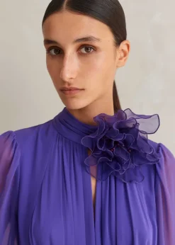 New ME+EM Silk Full-Length Dress With Corsage + Belt Winter Lilac