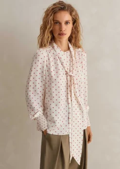 Discount ME+EM Silk Halo Spot Print Pussybow Blouse Light Cream/Pink/Sand
