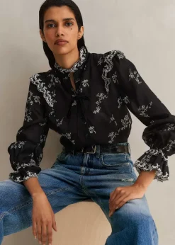 Outlet ME+EM Silk Organza Cherry Blossom Print Blouse Black/Light Cream