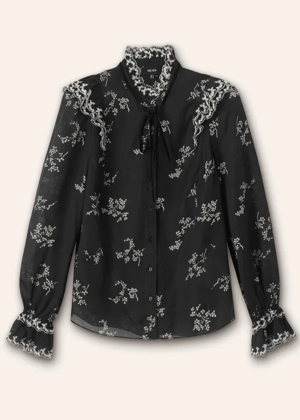 Outlet ME+EM Silk Organza Cherry Blossom Print Blouse Black/Light Cream