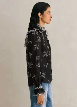 Outlet ME+EM Silk Organza Cherry Blossom Print Blouse Black/Light Cream