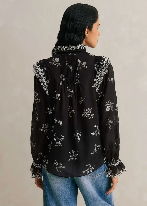 Outlet ME+EM Silk Organza Cherry Blossom Print Blouse Black/Light Cream