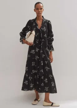 New ME+EM Silk Organza Cherry Blossom Print Maxi Dress Black/Light Cream