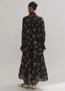 New ME+EM Silk Organza Cherry Blossom Print Maxi Dress Black/Light Cream
