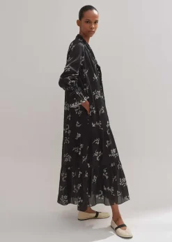 New ME+EM Silk Organza Cherry Blossom Print Maxi Dress Black/Light Cream
