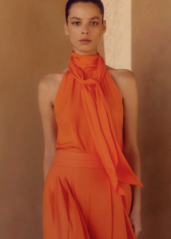 Discount ME+EM Silk Pussybow Halterneck Top Orange Zing