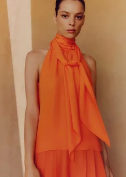 Discount ME+EM Silk Pussybow Halterneck Top Orange Zing