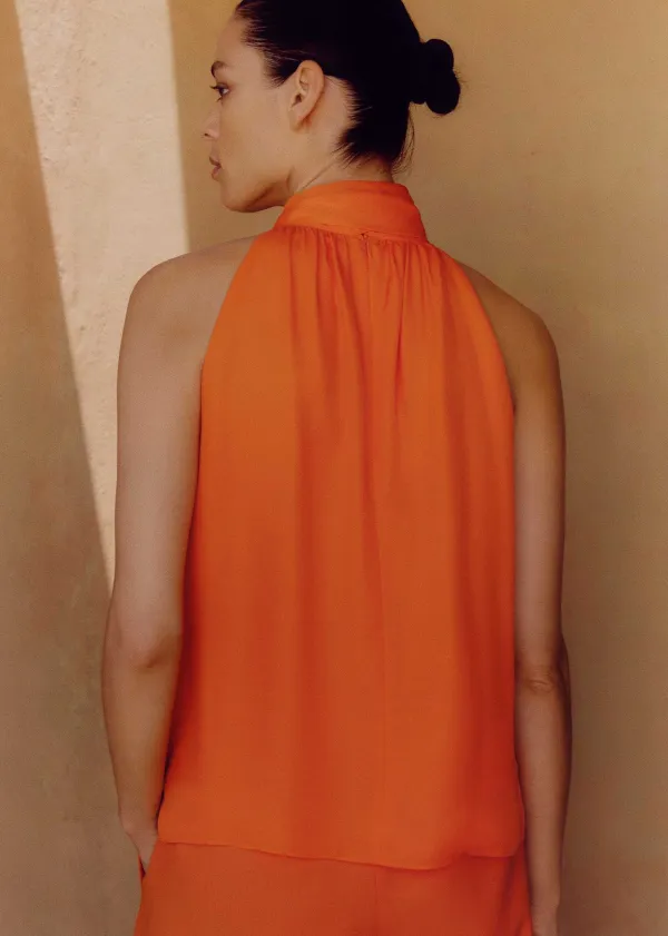 Discount ME+EM Silk Pussybow Halterneck Top Orange Zing