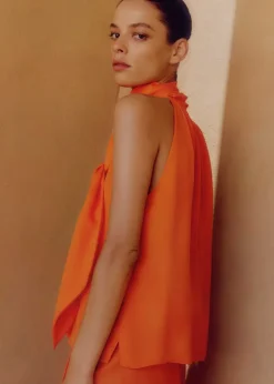 Discount ME+EM Silk Pussybow Halterneck Top Orange Zing