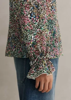 ME+EM Silk-Blend Devor Confetti Print Blouse Cream/Pink/Multi