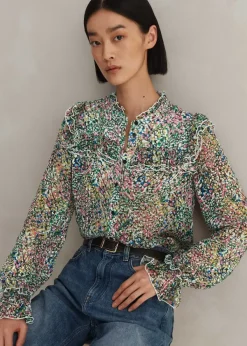 ME+EM Silk-Blend Devor Confetti Print Blouse Cream/Pink/Multi