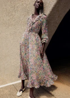 Discount ME+EM Silk-Blend Devor Confetti Print Maxi Dress Cream/Pink/Multi