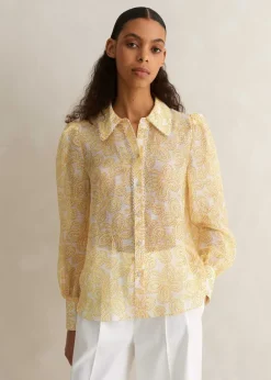 Clearance ME+EM Silk-Linen Lace Print Balloon Sleeve Blouse Light Cream/Yellow/Red