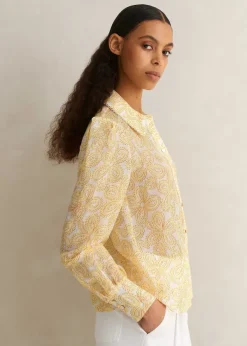 Clearance ME+EM Silk-Linen Lace Print Balloon Sleeve Blouse Light Cream/Yellow/Red