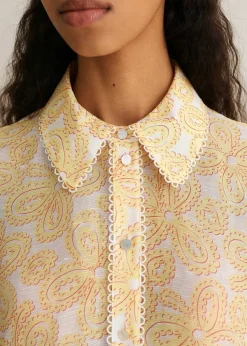 Clearance ME+EM Silk-Linen Lace Print Balloon Sleeve Blouse Light Cream/Yellow/Red