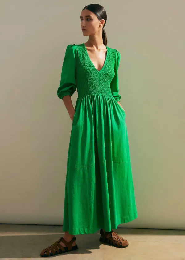 Sale ME+EM Slub Cotton V-Neck Maxi Dress Spring Green