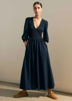 ME+EM Slub Cotton V-Neck Maxi Dress Navy