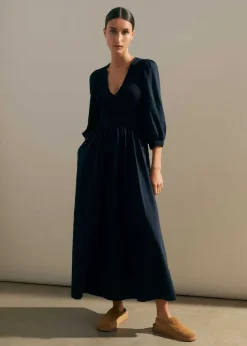 ME+EM Slub Cotton V-Neck Maxi Dress Navy